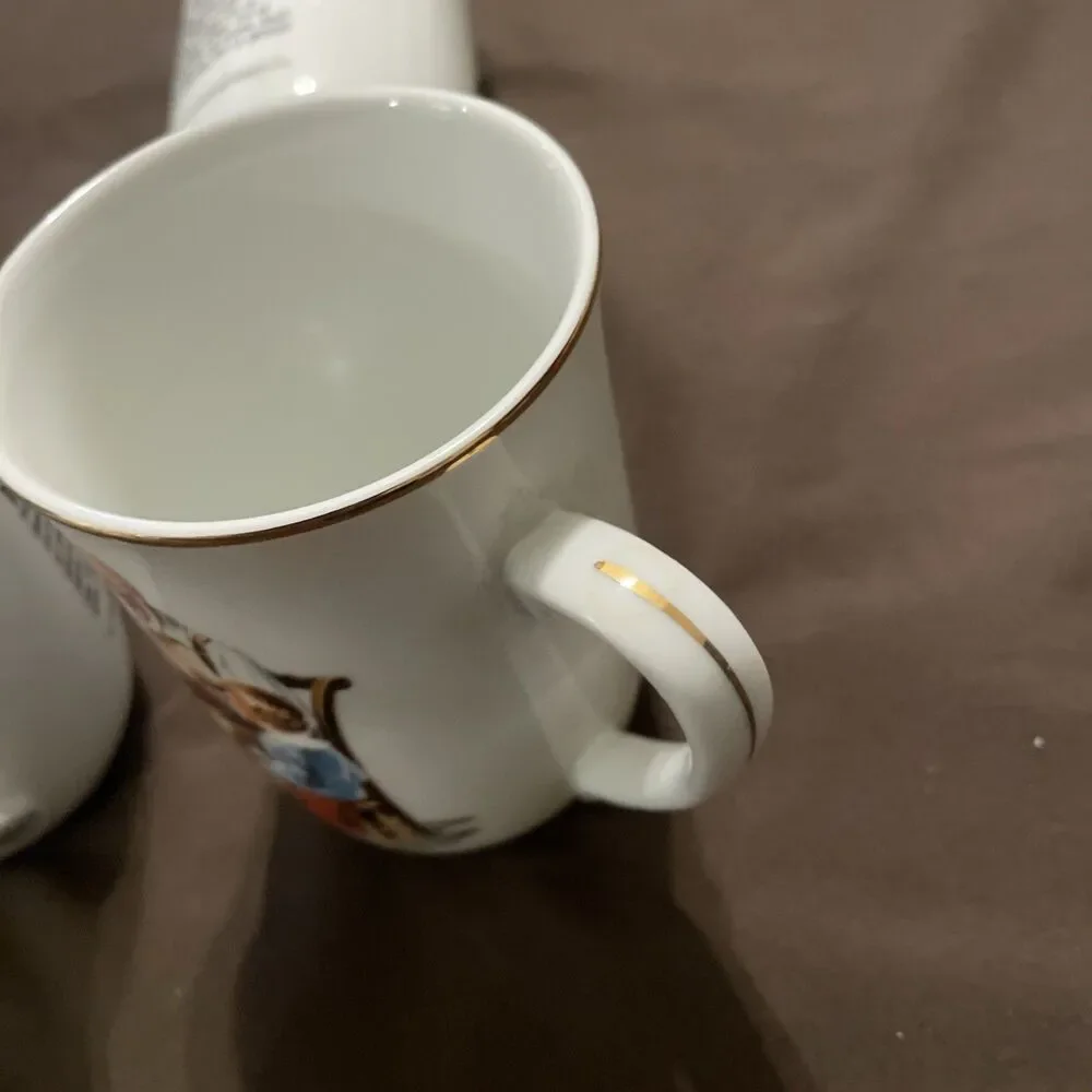 Norman Rockwell Toymaker Mug Lot of 4 Vintage 1982 Museum Gold Rim Cups